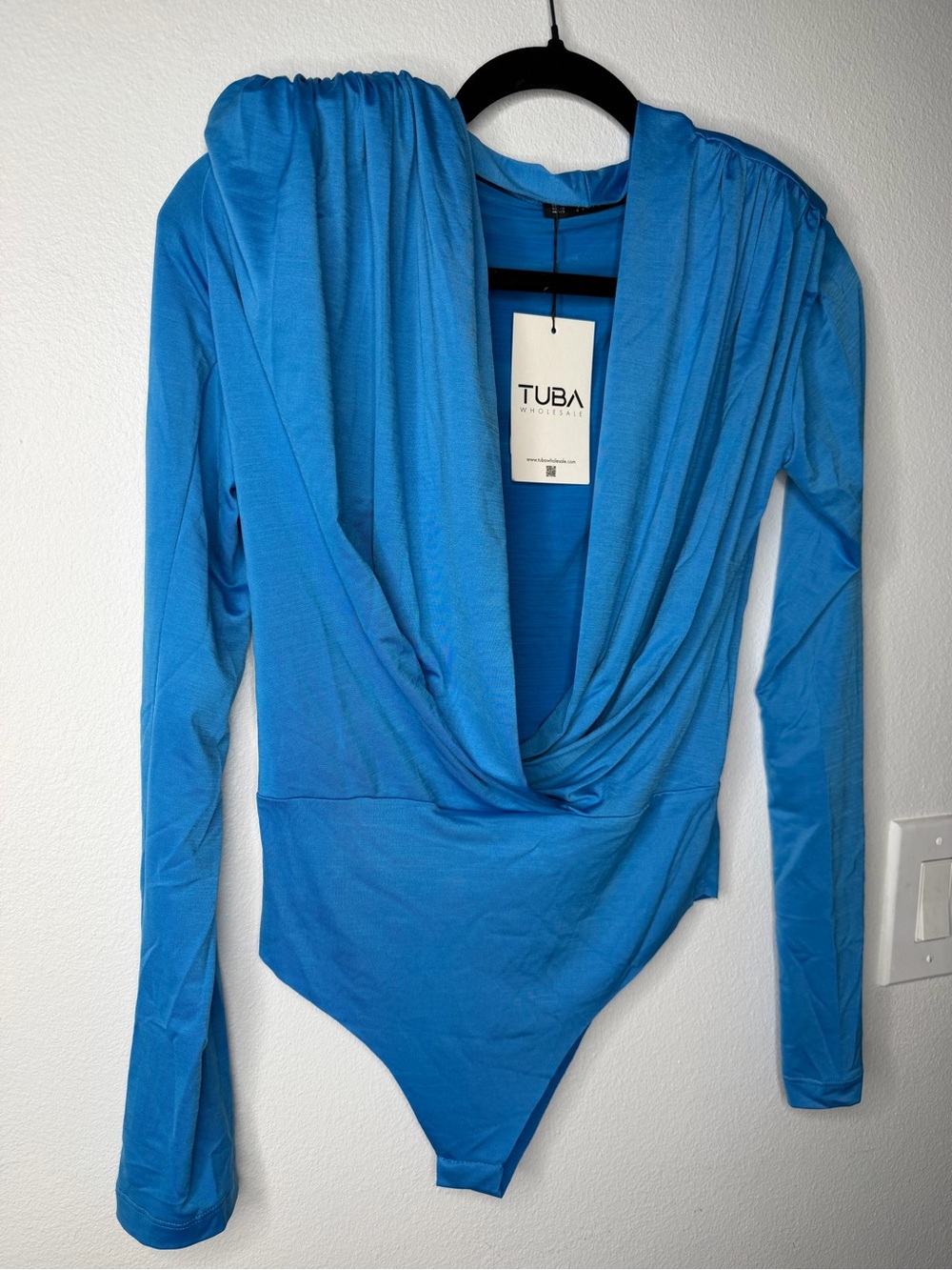 Royal Blue Drape Neck Long Sleeve Bodysuit
